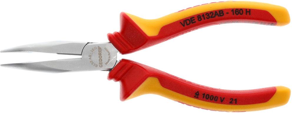 Abgebildet ist eine hochwertige, rote und gelbe Spitzzange mit isolierten Griffen, geeignet für Arbeiten bis 1000 V.