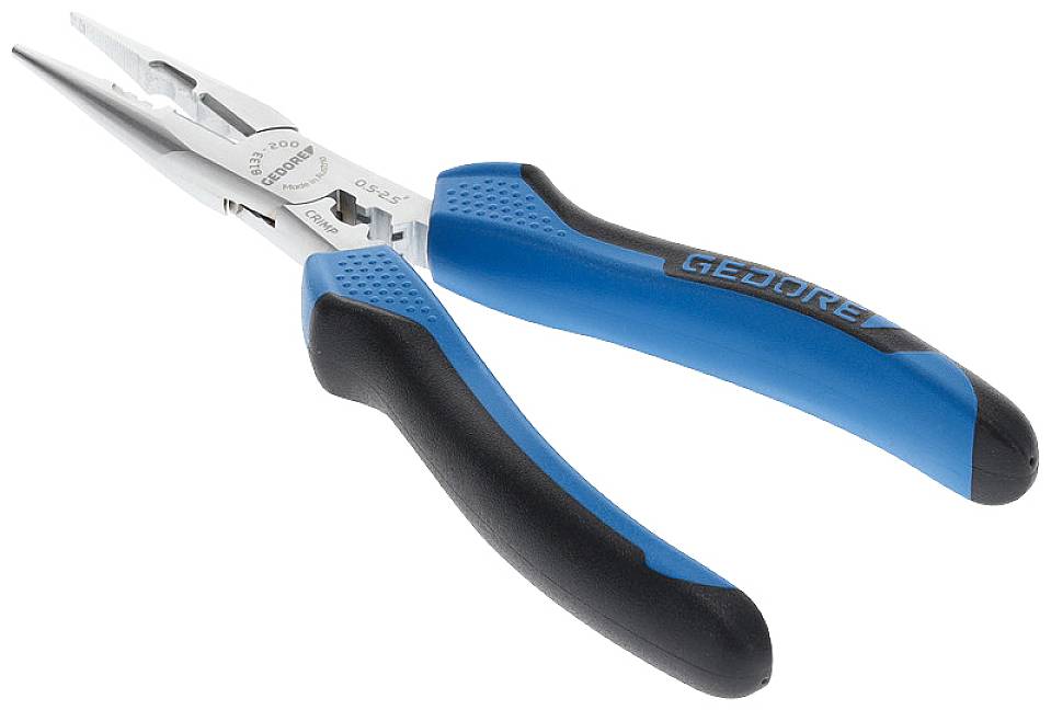 Eine Zange mit blauen und schwarzen Griffen, geeignet zum Greifen und Schneiden von Drähten in handwerklichen Arbeiten.