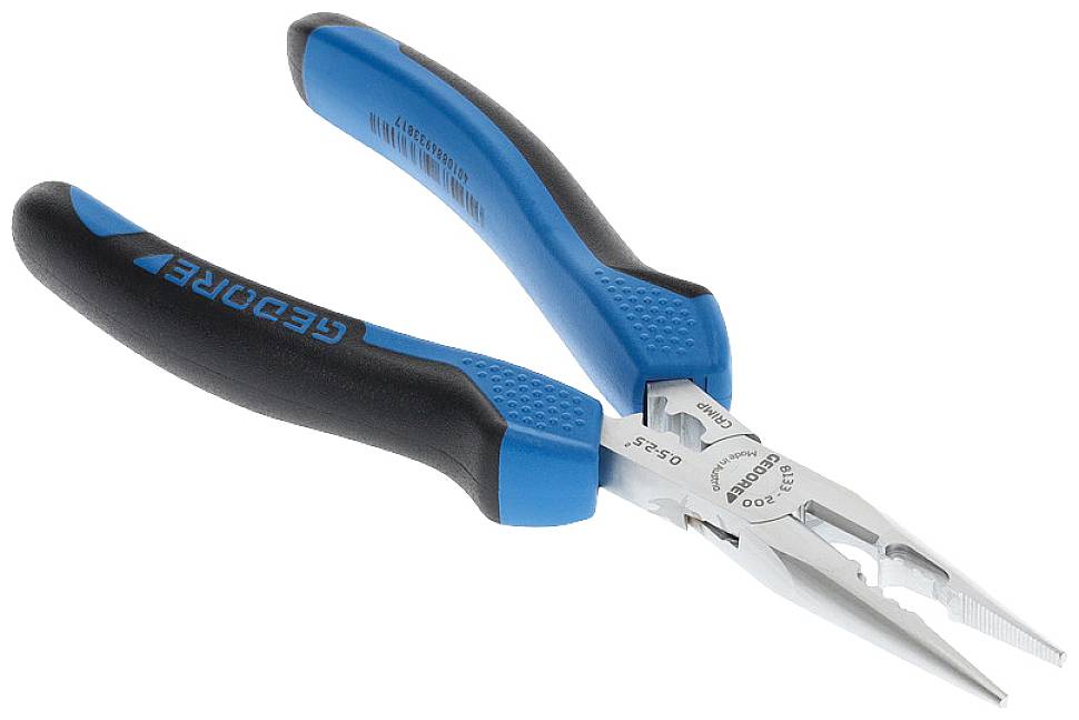 Eine blau-schwarze Zange mit ergonomischen Griffen, geeignet für Präzisionsarbeiten und den Einsatz in der Elektrotechnik.