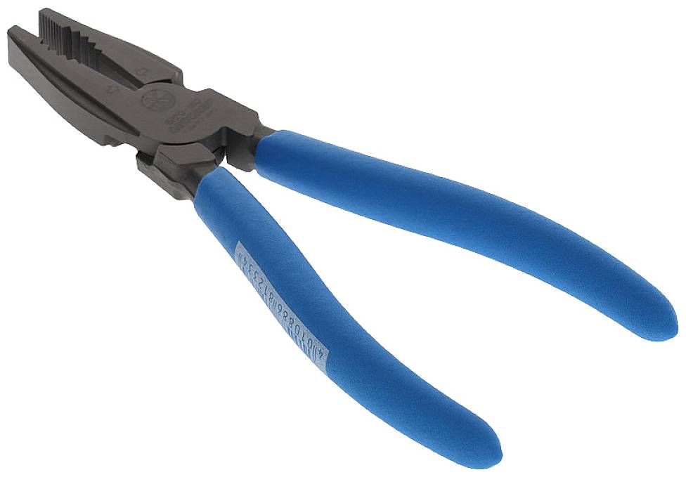 Zange mit blauen Griffen, geeignet zum Schneiden und Greifen von Drähten und Kabeln.
