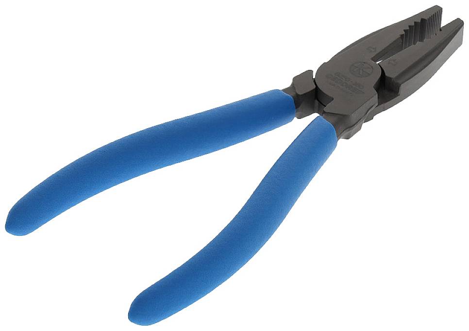Eine Zange mit blauen Griffen, geeignet für Greifen und Schneiden von Drähten in handwerklichen Arbeiten.