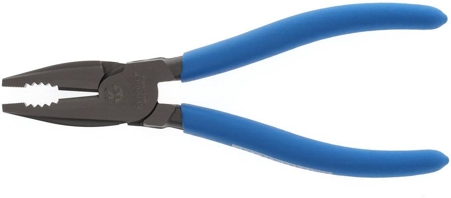 Blau-Griff Kombizange aus Metall, teilweise geöffnet. Geeignet für vielfältige Anwendungen wie Greifen, Schneiden, Biegen von Materialien.