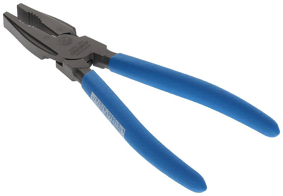 Eine Flachzange mit blauen Gummigriffen, verwendet zum Greifen oder Biegen von Draht und kleinen Metallteilen.