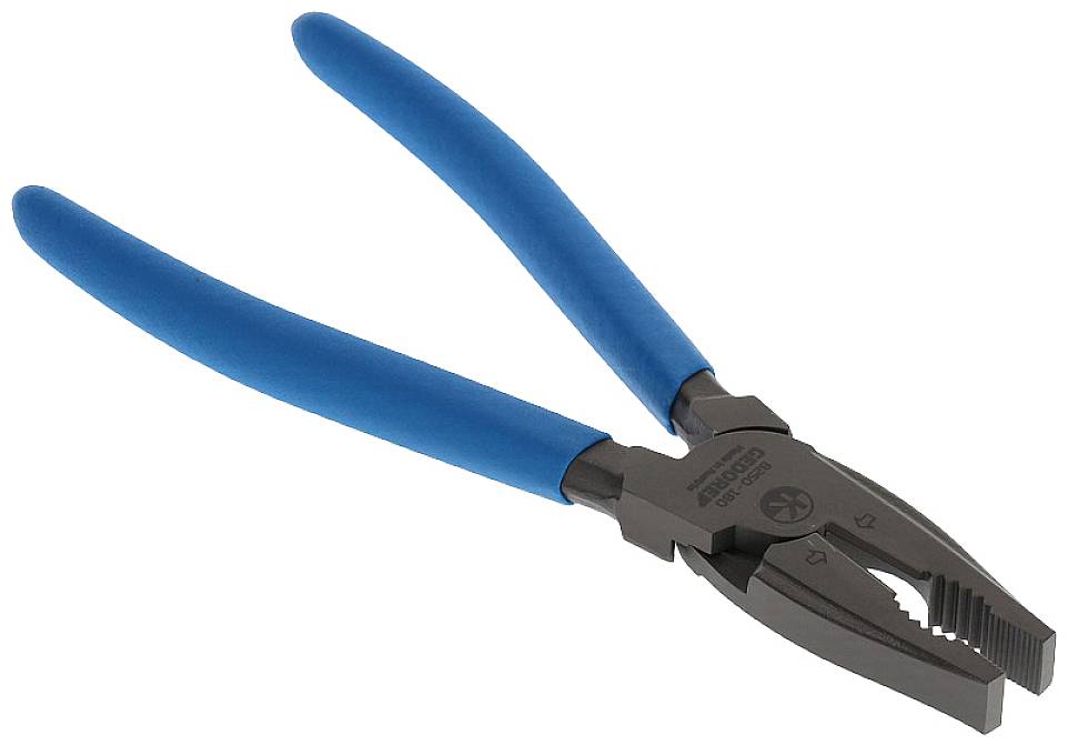 Eine Zange mit blauen Griffen liegt diagonal, der Kopf zeigt nach rechts.