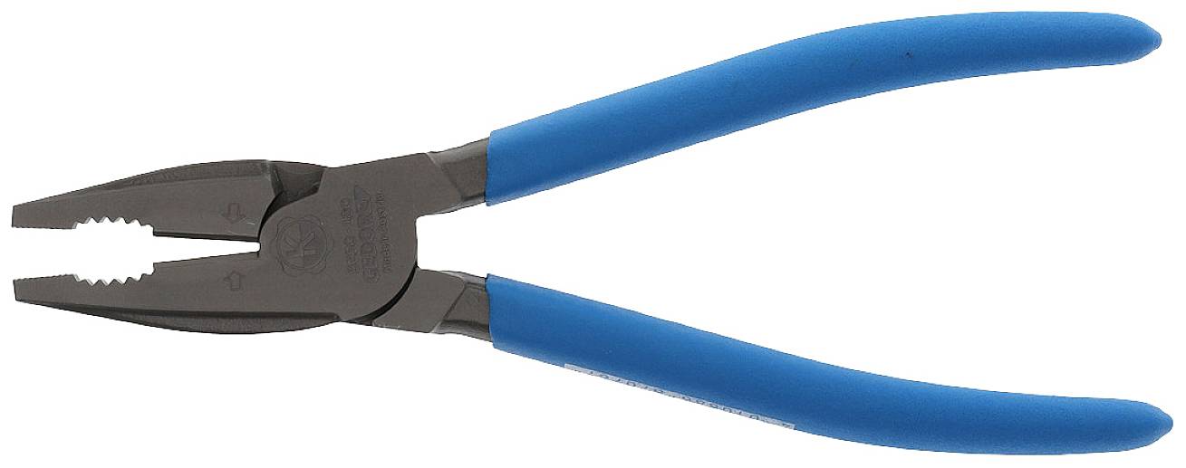 Eine Zange mit blauen Griffen, liegend, mit geöffneten Backen, bereit zum Greifen oder Schneiden von Draht.