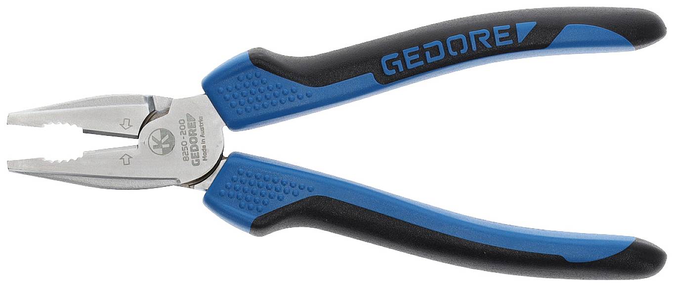 Eine blaue und schwarze Kombizange von GEDORE mit rutschfesten Griffen, geeignet für Greifen, Schneiden und Biegen von Materialien.