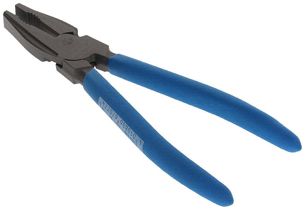 Eine schwarze Zange mit blauen, gummierten Griffen, geeignet für verschiedene handwerkliche und mechanische Arbeiten.