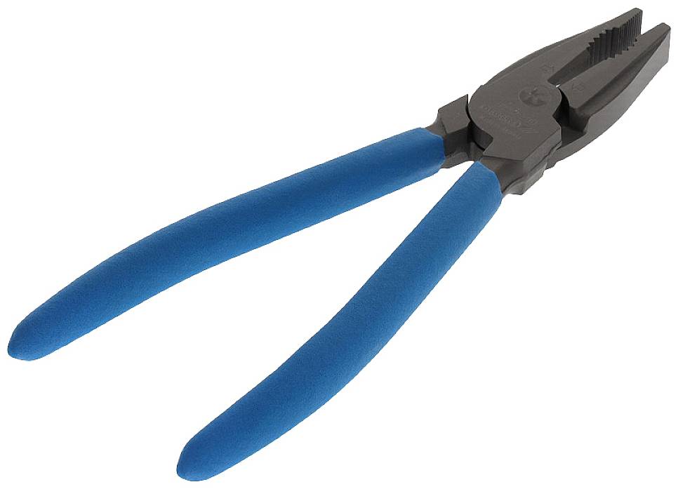 Eine Zange mit blauen Griffen, geeignet für das Greifen und Schneiden von Drähten oder ähnlichen Materialien.