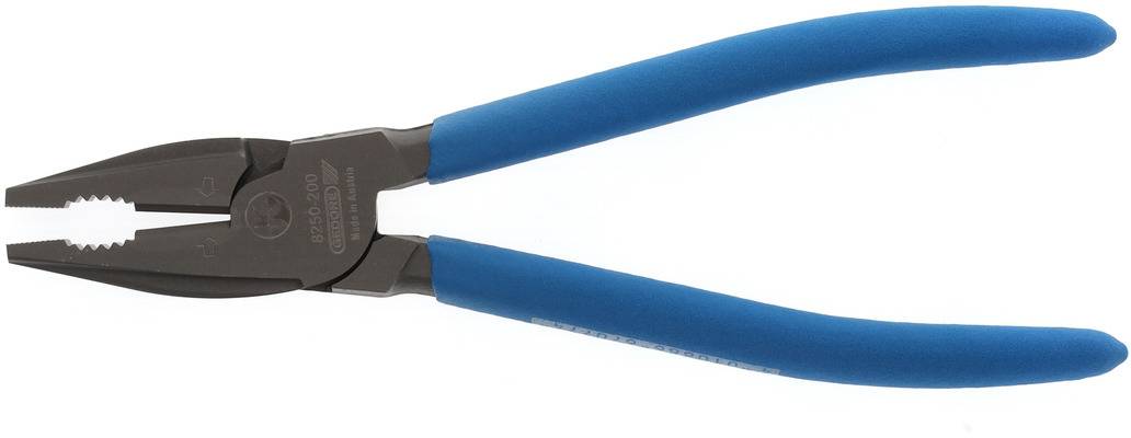 Eine Zange mit blauen Griffen. Sie dient zum Greifen und Halten von Objekten in handwerklichen Anwendungen.