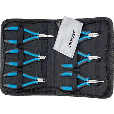 Ein Set aus sechs blauen Zangen verschiedener Typen, ordentlich in einer schwarzen Tasche arrangiert. Ein Reinigungstuch mit dem Logo 'GEDORE' liegt dabei.