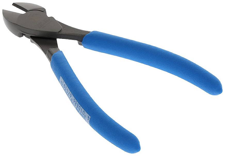 Eine Zange mit blauen Griffen, typischerweise verwendet zum Schneiden von Drähten oder Kabeln.