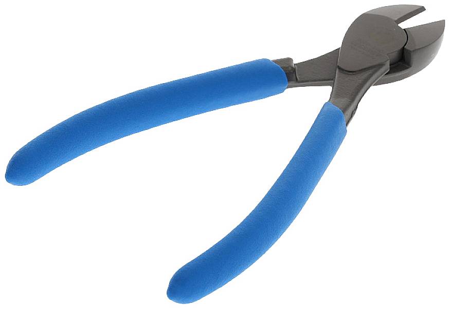 Seitenschneider mit blauen Griffen, verwendet zum Schneiden von Draht oder dünnen Metallteilen. Hauptwerkzeug in der Elektrotechnik.