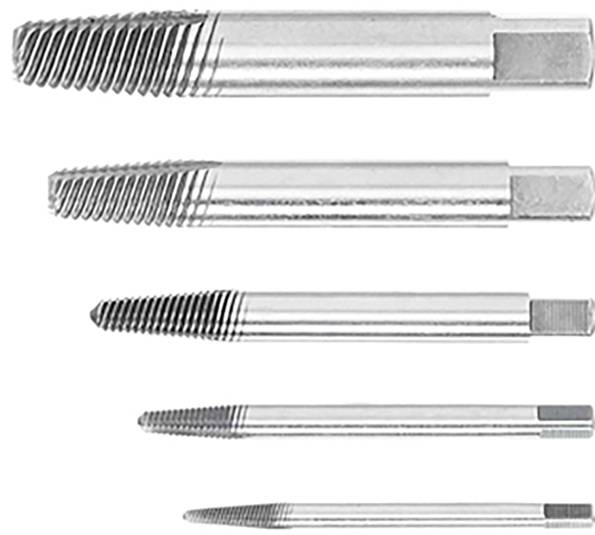 Satz von fünf Gewindebohrern aus Metall in verschiedenen Größen, senkrecht angeordnet, zum Schneiden von Innengewinden in Bohrungen.