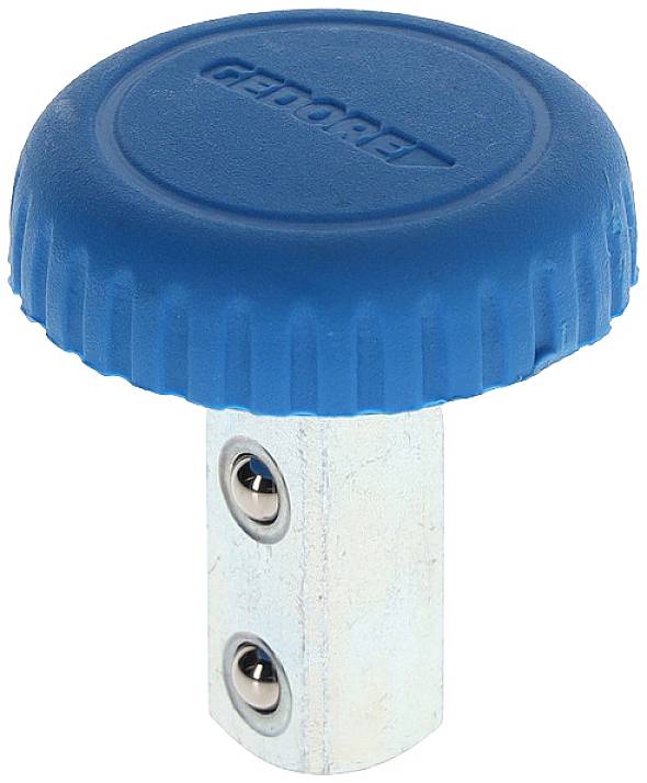 Ein blauer runder Drehgriff mit Metallstange und Schraubverbindungen, von der Marke GEDORE, verwendet für handwerkliche Tätigkeiten.