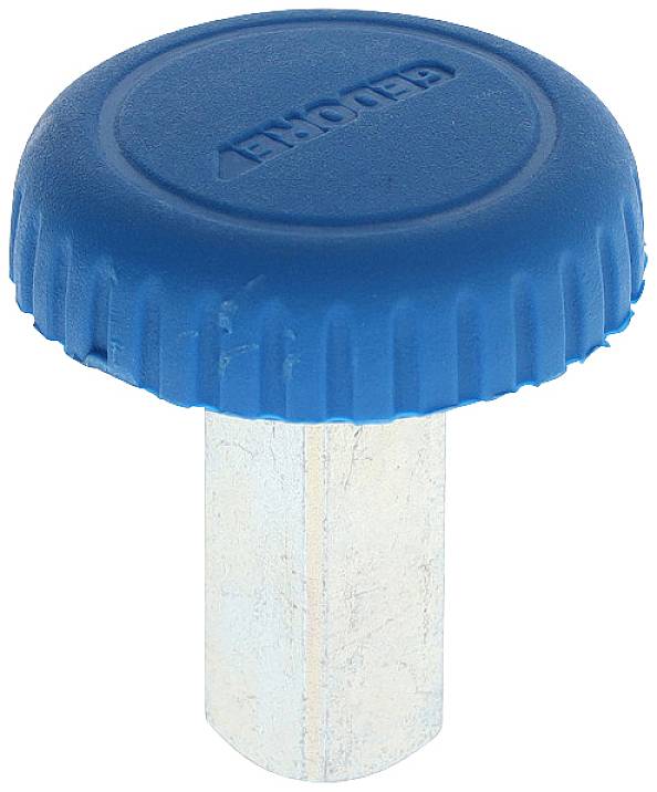 Blauer Griff mit runder, gerippter Oberfläche und eingelassener Marke. Darunter ein metallisches, rechteckiges Element.