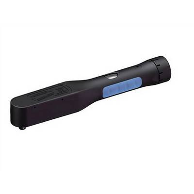 Ein schwarzes tragbares Handgerät mit blauem Griff, das wie ein Detektor oder Scanner aussieht.