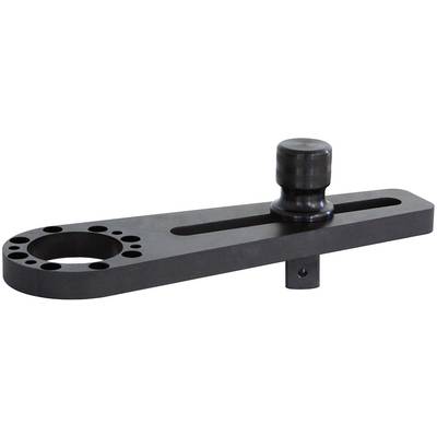 Ein flacher Metallhebel mit mehreren Löchern und einem zylinderförmigen Griff oben. Wahrscheinlich ein Werkzeugteil oder Adapter.