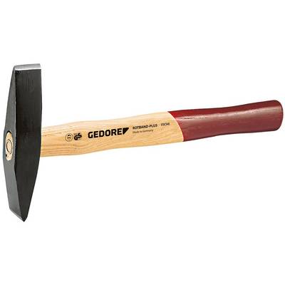 Ein Hammer mit rotem Holzgriff und schwarzem Metallkopf. Markierung 'GEDORE' auf dem Griff, hergestellt in Deutschland.