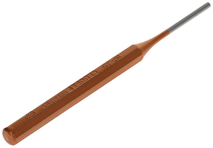 Ein kleiner, orangefarbener Durchschlag aus Metall mit einem schmalen, länglichen Griff, auf dem 'Germany' eingraviert ist.