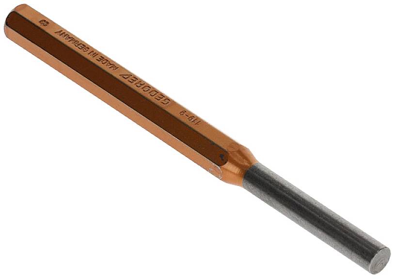 Ein orangefarbener Schlagstempel mit der Aufschrift 'Gedore', hergestellt in Deutschland, zeigt eine Sechskantform mit zylindrischem Ende.