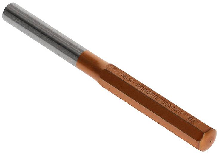 Ein orangefarbener und silberner Metall-Bohreinsatz. Auf dem orangen Teil steht 'CROBET- GERMANY' mit weiteren Spezifikationen.
