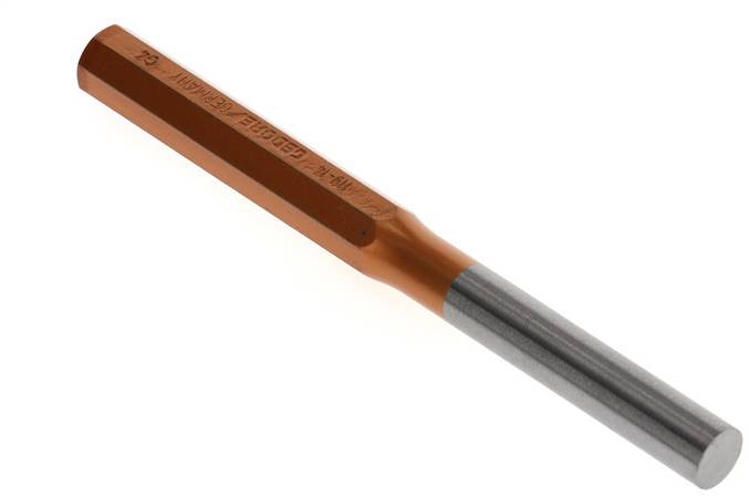 Metallschneider mit orangefarbenem Griff und silbernem Schaft. Verwenden für präzises Schneiden und Bohren in Werkstoffen.