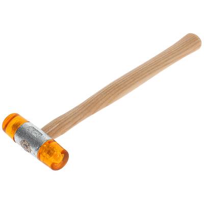 Ein Holzhämmer mit einem orangefarbenen, gummiartigen Kopf, geeignet für präzises Arbeiten, ohne Beschädigung von Oberflächen.