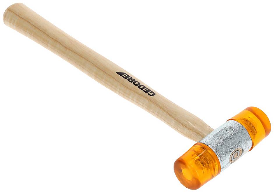 Ein Hammer mit einem Holzgriff und einem orangefarbenen Kunststoffkopf für schonendes Arbeiten, Marke 'GEDORE'.