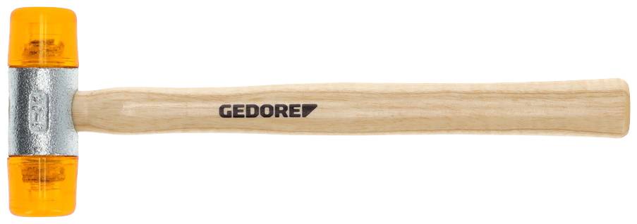 Holzhammer mit Kunststoffköpfen der Marke Gedore. Der lange Holzgriff bietet stabilen Halt, die gelben Köpfe verhindern Funkenbildung.