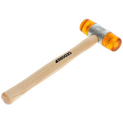 Ein Hammer mit einem Holzgriff und einem orangenen Kunststoffkopf. Der Kopf ist doppelseitig und wird durch eine Metallfassung gehalten.