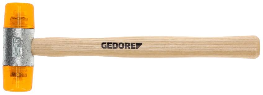 Holzgriffhammer mit orangefarbenem Kunststoffkopf und der Aufschrift 'Gedore', geeignet für präzise Arbeiten ohne Funkenbildung.