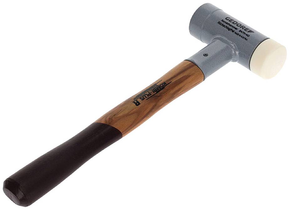 Ein Hammer mit rundem Kopf aus Kunststoff und einem Holzgriff. Der Hammer ist als Schonhammer für sanfte Schlagarbeiten konzipiert.