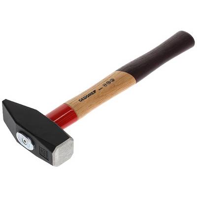 Hammer mit rotem und schwarzem Holzgriff, Metallkopf mit flacher und spitzer Seite.