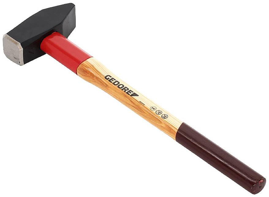 Ein Vorschlaghammer mit rotem Kopf und Holzgriff liegt diagonal. Der Kopf ist schwarz mit Metalloberfläche und der Griff hat eine rote Basis.