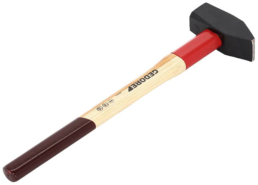 Ein Hammer mit rotem und holzfarbenem Griff sowie schwarzem Kopf. Gezeigt in Seitenansicht.