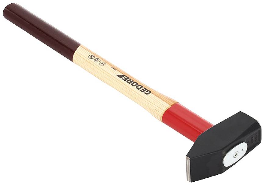 Ein schwerer Hammer mit Holzgriff und schwarzem Kopf, der für intensive Handwerksarbeiten geeignet ist.