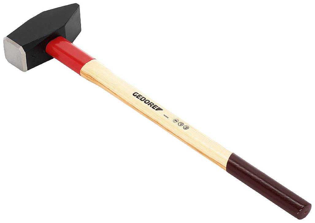 Hammer mit schwarzem Kopf, roter und hölzerner Griff. Aufschrift 'GEDORE'. Verwendet für schwere Arbeiten wie Nägel einschlagen.