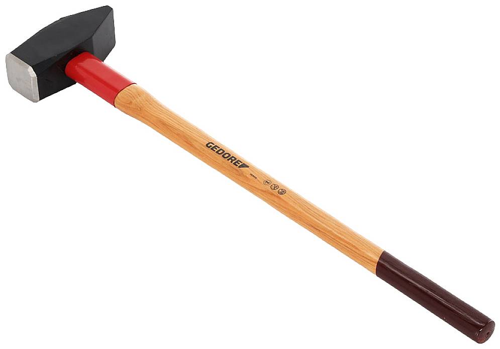 Ein schwerer Hammer mit einem Holzstiel und einem schwarzen Metallkopf, geeignet für Bauarbeiten oder robuste Anwendungen.