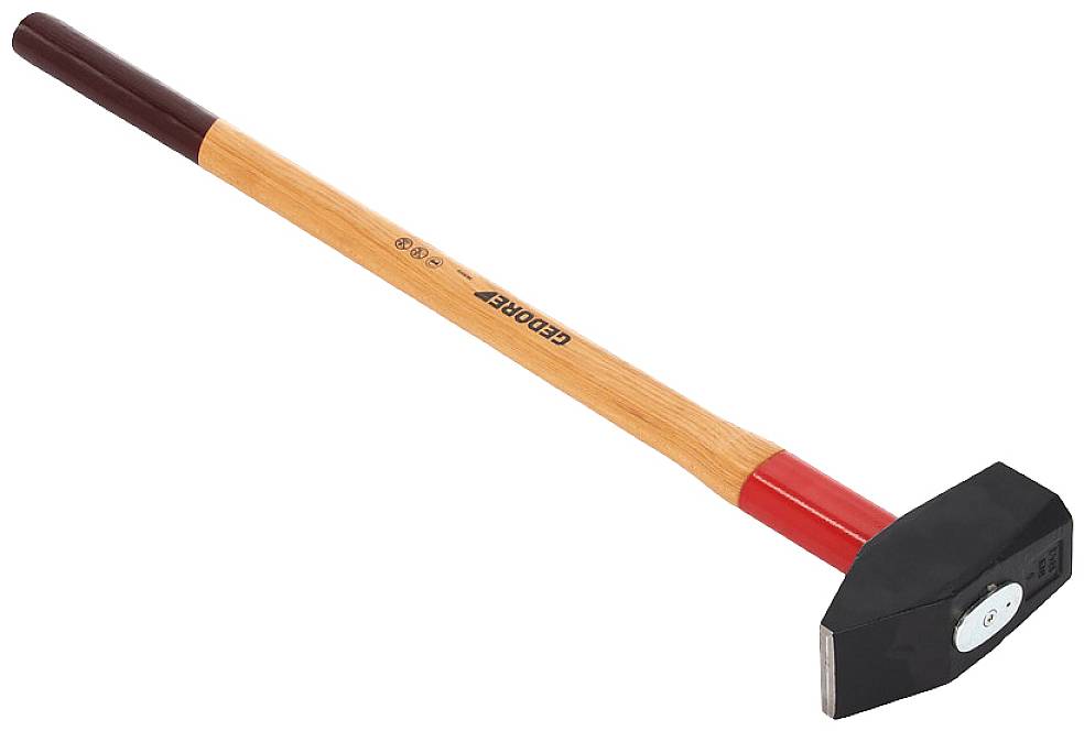 Ein Vorschlaghammer mit einem Holzgriff und einem schweren, rechteckigen Metallkopf, geeignet für Bauarbeiten oder Abbruchprojekte.