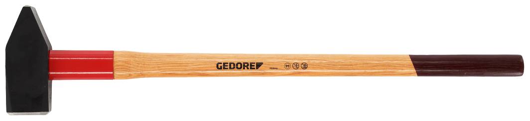 Ein Hammer mit einem Holzgriff und einer schwarz-roten Metallkopf ist abgebildet. Auf dem Griff steht 'GEDORE'.