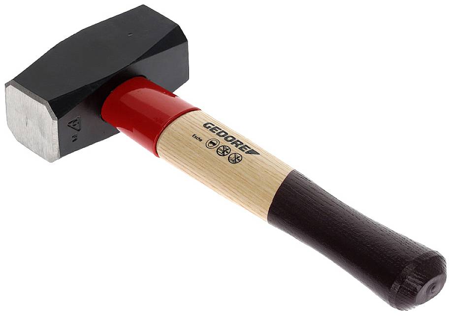 Ein Zimmermannshammer mit schwarzem Kopf und rotem, holzfarbenem Griff. Der Kopf hat eine abgeflachte und eine spitze Seite.
