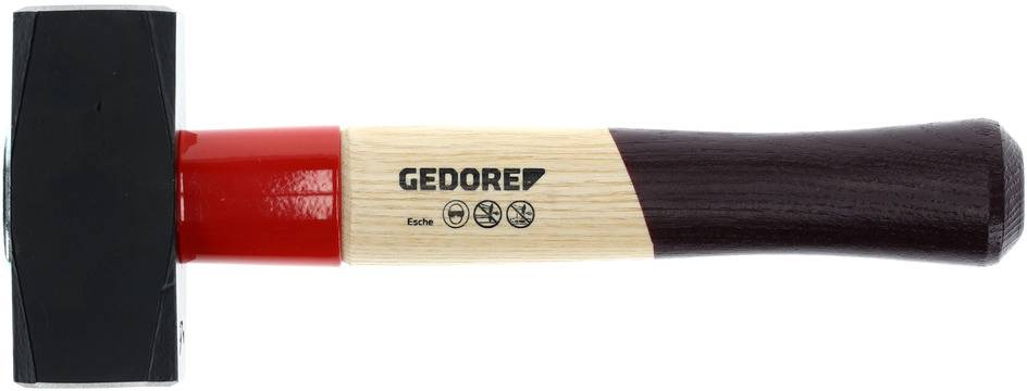 Ein Hammer mit schwarzem Kopf, rotem Hals und Holzgriff. Markierung 'GEDORE' auf dem Griff.