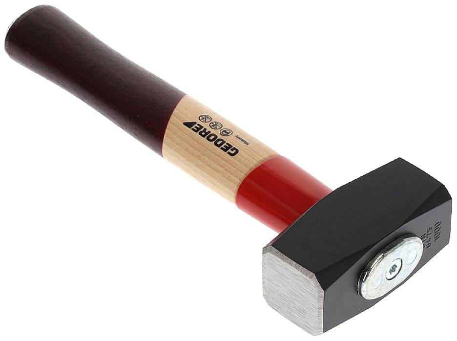 Ein Handhammer mit rotem Holzgriff und schwarzem Kopf, geeignet für handwerkliche Arbeiten.