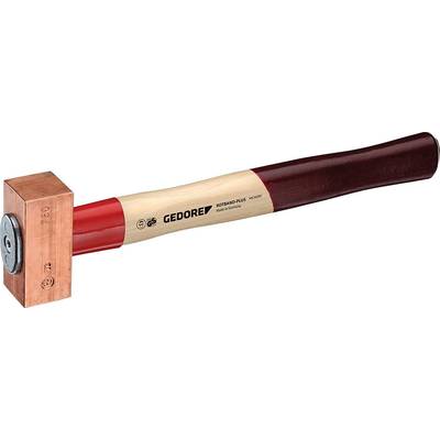 Ein Hammer mit einem quadratischen Kupferkopf und einem Holzgriff. Der Kopf trägt die Aufschrift 'Gedore' und 'Rotband Plus'.