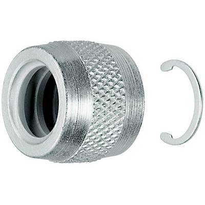 Eine metallene Überwurfmutter mit geriffelter Oberfläche und beiliegenden Sicherungsclip, geeignet für Verschraubungsverbindungen.