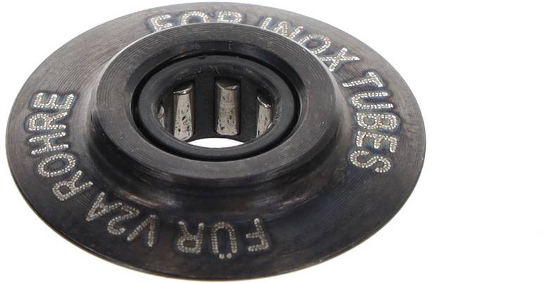 Rundes Metallteil mit der Aufschrift 'FOR INOX TUBES FÜR VA-ROHRE', möglicherweise ein Bestandteil eines Rohrverarbeitungssystems.