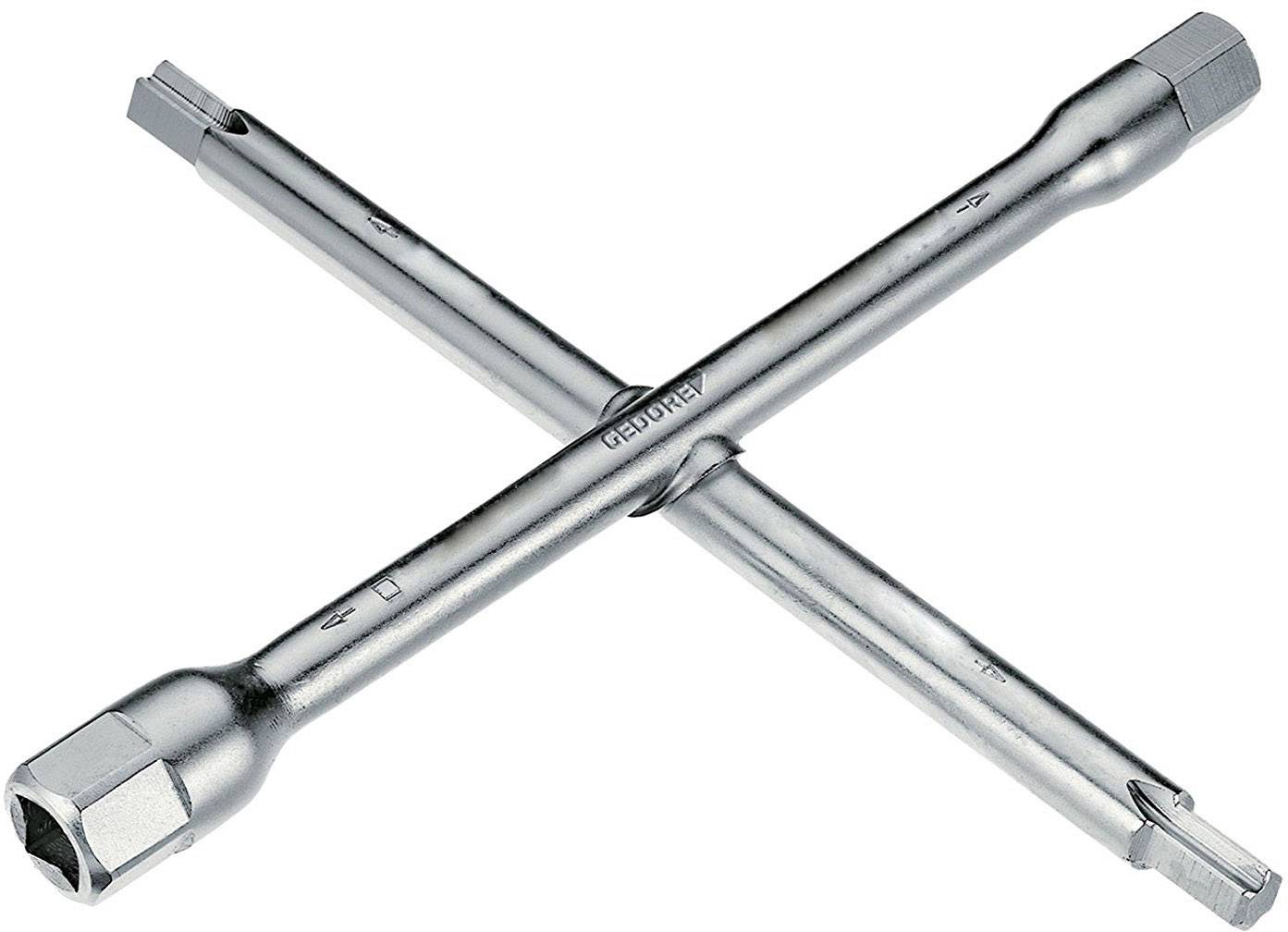 Kreuzschlüssel aus Metall, verwendet zum Lösen und Festziehen von Radmuttern. Enthält vier verschiedene Größen an den Enden.