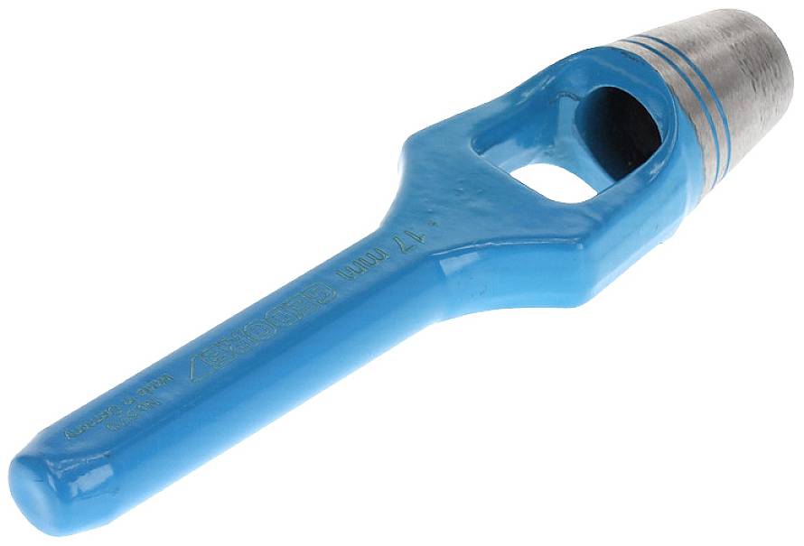 Ein blauer Handwerkerwerkzeuggriff aus Metall mit einer ovalen Öffnung an einem Ende und einer zylindrischen Spitze am anderen Ende.