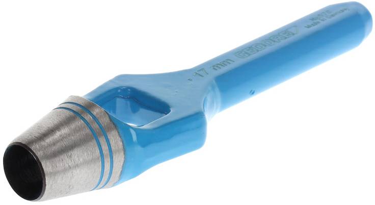 Ein blauer Hohlschnieder mit einer Metallklinge und einem 17 mm Durchmesser, verwendet zum Stanzen von Löchern in Materialien wie Leder oder Gummi.