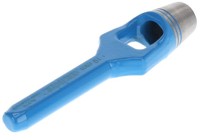 Ein blauer Hohlausschneider, oft als Stanze verwendet, liegt auf einer hellen Oberfläche. Das Werkzeug hat einen zylindrischen Metallkopf.